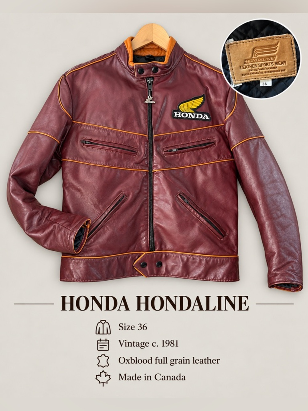Vintage Honda Hondaline Oxblood Leather Motorcycle Jacket Size 36 Made in Canada